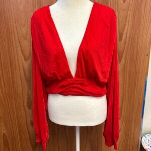 NEW Sincerely Jules Red V Neck Long Sleeve Crop Top NWT L Large Mesh